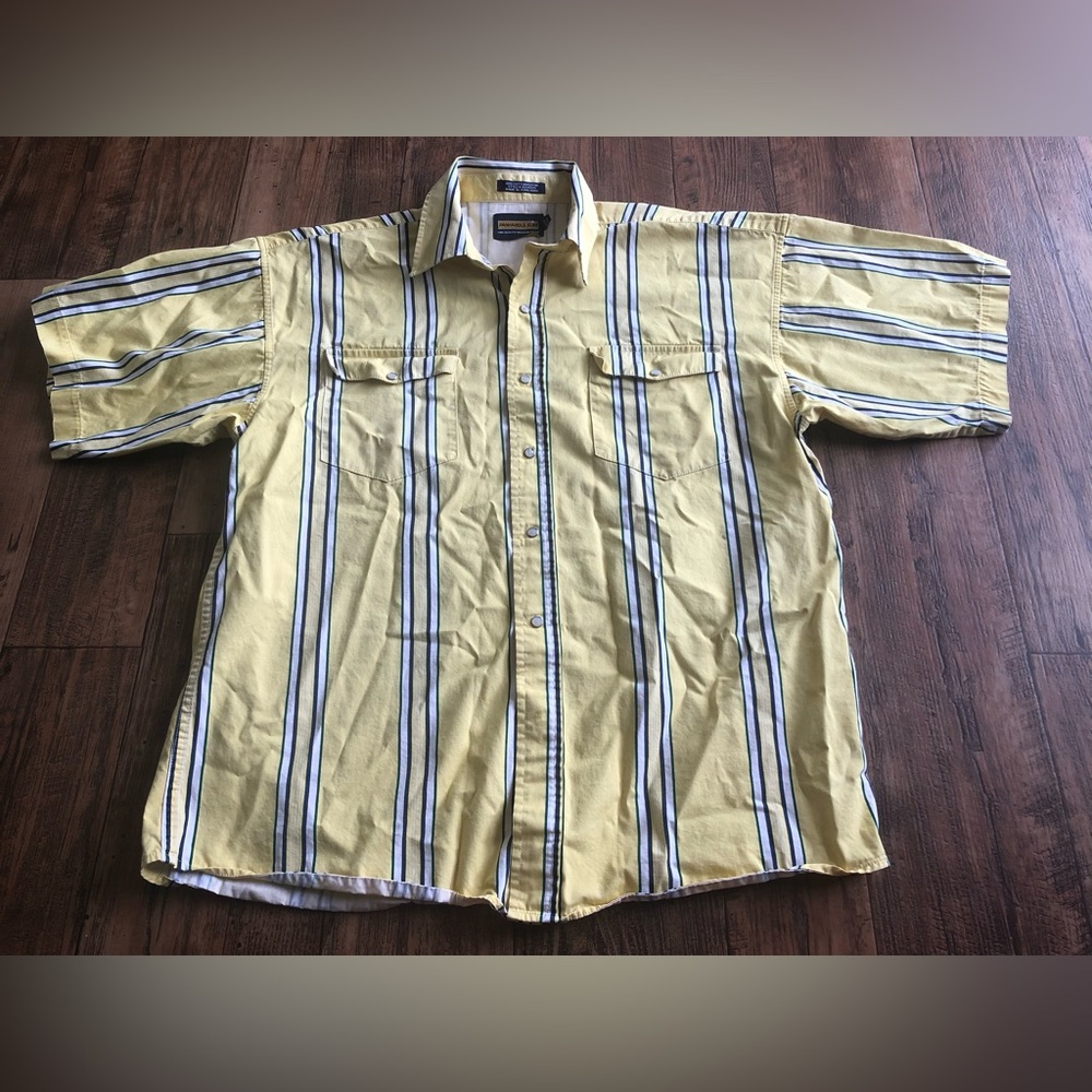 Panhandle Slim Western Shirt Men Large Pearl Snap Yellow Blue Striped Long Sleev